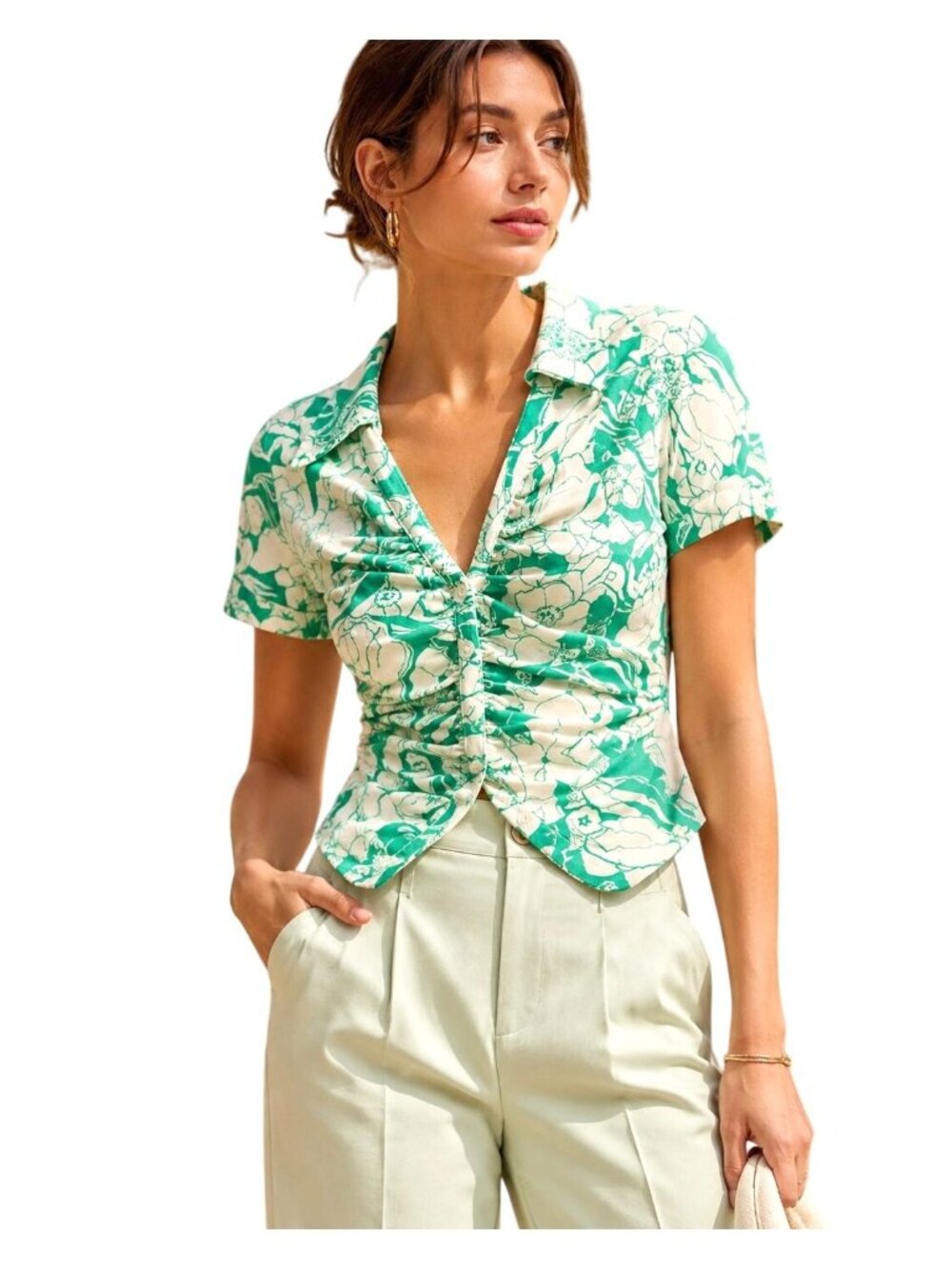 Anthropologie Maeve Ruched Floral Blouse Short Sleeve Womens Top X-Small
